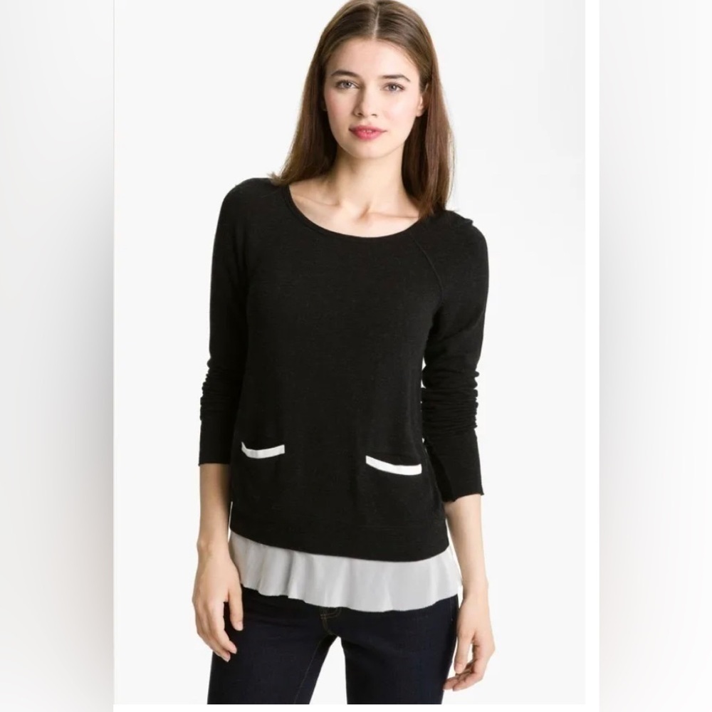 Anthropologie Bailey 44 Layered Knit Chiffon Sweater Black Cream SZ XS